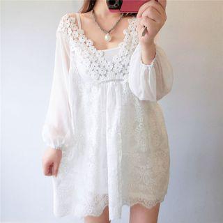 Long-sleeve Lace-trim Dress + Plain Slipdress