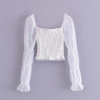 Bell-sleeve Mesh Panel Crinkle Top