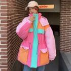 Color Block Hooded Zip Jacket Pink & Blue - One Size