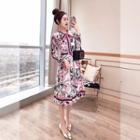 Long-sleeve Contrast Trim Floral A-line Midi Dress
