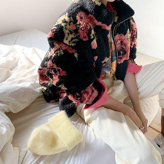 Raglan-sleeve Floral Sherpa-fleece Jacket Black - One Size