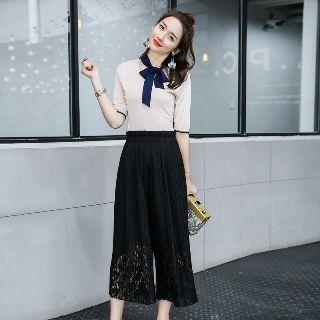 Set: Elbow-sleeve Tie-neck Top + Lace-panel Pants