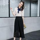 Set: Elbow-sleeve Tie-neck Top + Lace-panel Pants