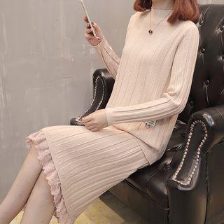 Set: Mock Neck Knit Pullover + Lace Trim Midi Knit Skirt