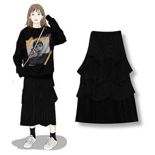 Midi A-line Tiered Skirt Black - One Size