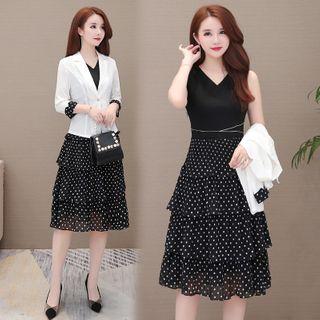 Set: 3/4-sleeve Blazer + Dotted Sleeveless Layered Midi A-line Dress