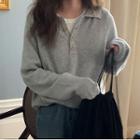 Long-sleeve Plain Knit Polo Shirt Gray - One Size