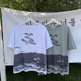 Crane Print Short-sleeve Top