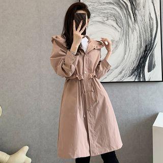 Plain Hooded Drawstring Waist Trench Jacket