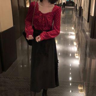 Ribbon Long-sleeve Velvet Top