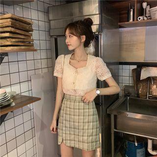 Short-sleeve Lace Buttoned Top / Plaid A-line Midi Skirt