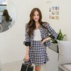 Collarless Buttoned Plaid Tweed Jacket