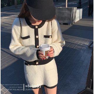 Contrast Trim Cardigan / Mini Knit Skirt / Wide Leg Pants / Set