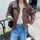 Long-sleeve Faux Leather Jacket Brown - One Size