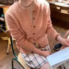 Long-sleeve Plain Knit Cardigan / High-waist Plaid Skirt