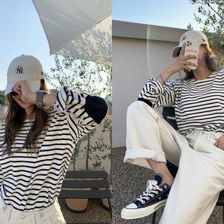 Drop-shoulder Elbow-patch Stripe T-shirt