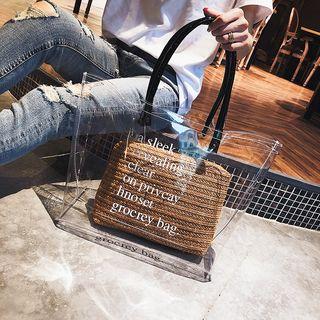 Lettering Transparent Tote Bag With Woven Pouch