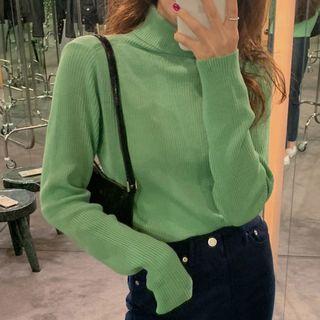 Turtleneck Rib Knit Top Green - One Size