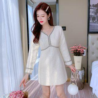 V-neck Contrast Trim Sequined A-line Dress