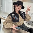 Long-sleeve Flower Embroidered Loose-fit Blouse Khaki - One Size