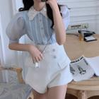 Set: Short-sleeve Lace Panel Mesh Shirt + Shorts