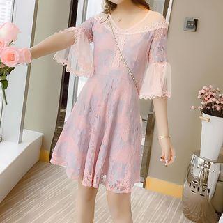 Mesh Panel Short Sleeve Lace Dress