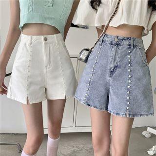 High-waist Faux Pearl Split Denim Shorts