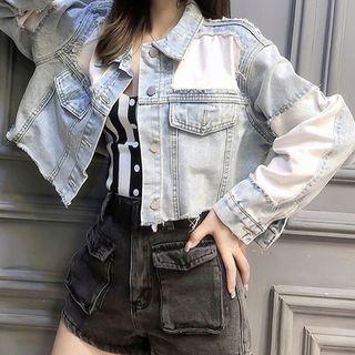 Denim Panel Cropped Jacket Light Blue - One Size