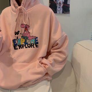 Lettering Cartoon Dinosaur Print Hoodie