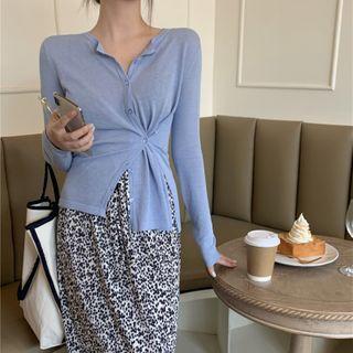 Long-sleeve Button T-shirt / Floral Print Midi Shift Skirt