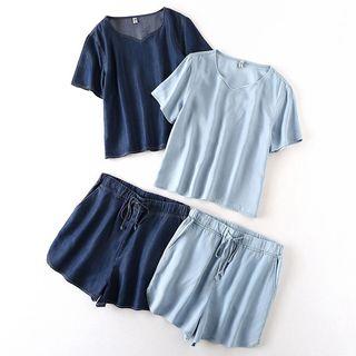 Set: Short-sleeve Denim Top + Denim Shorts