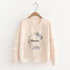 Flower Embroidered Lettering Ruffle Pullover