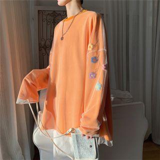 Long-sleeve Floral Mesh Overlay T-shirt