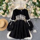 Mesh Panel Puff-sleeve Bow Dress