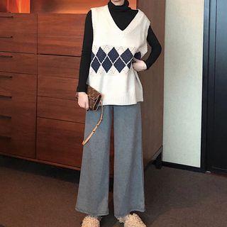 Wide Leg Pants / Argyle Knit Vest / Mock Turtleneck Long-sleeve Top