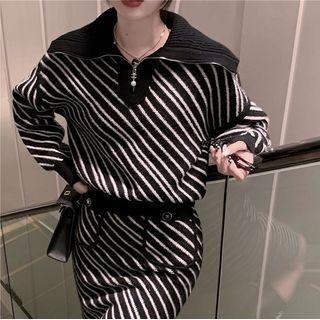 Striped Half-zip Sweater / Pencil Skirt