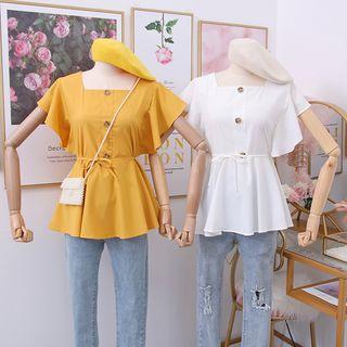 Square-neck Plain Blouse With Sash