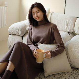 Turtle-neck Napped Long Flare Dress
