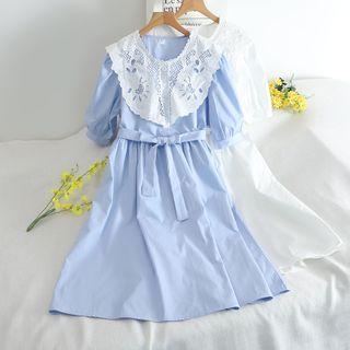 Short-sleeve Eyelet Lace Panel Midi A-line Dress
