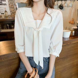 Elbow-sleeve Bow Plain Chiffon Blouse