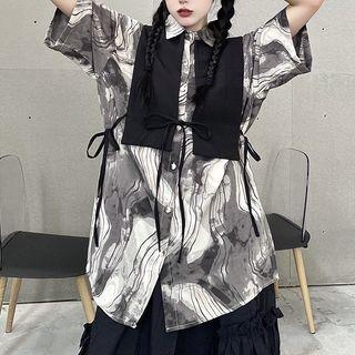 Short-sleeve Print Shirt / Vest / A-line Skirt / Set