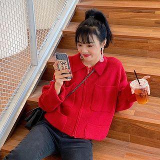 Plain Loose-fit Zip Cardigan Red - One Size
