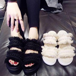 Faux Pearl Fringed Platform Slide Sandals
