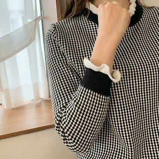 Contrast Frilled-trim Patterned Sweater Black - One Size