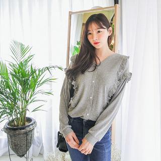 V-neck Frill-trim Knit Blouse