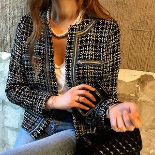 Contrast-trim Open-front Tweed Jacket