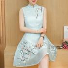 Embroidered Sleeveless Mandarin Collar A-line Dress