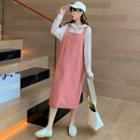 Long-sleeve Blouse / Plain Midi Shift Overall Dress