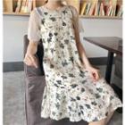 Set: Short-sleeve Sheer Top + Strappy Floral A-line Dress