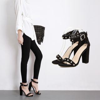Chunky Heel Ankle Strap Studded Sandals